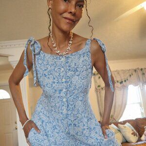 Free People Floral Jumpsuit: Blue and Off-White Tie Shoulder